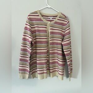 VTG Granny Sweater Stripes Pattern Cream Pink Multi Color Sweater Boho Size XL